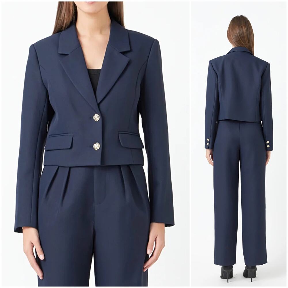 Endless Rose Navy Cropped Double-Button Suit Jacket